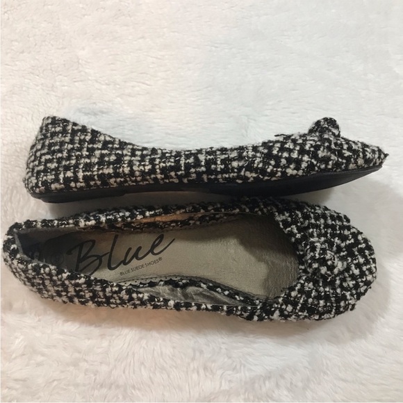 NEW BLUE SUEDE black white tweed bow ballet flats size 9 - Picture 1 of 8